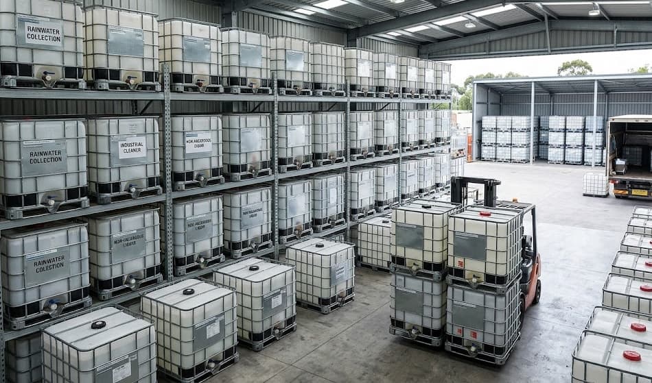 IBC totes warehouse - organized inventory of reconditioned containers ready for sale