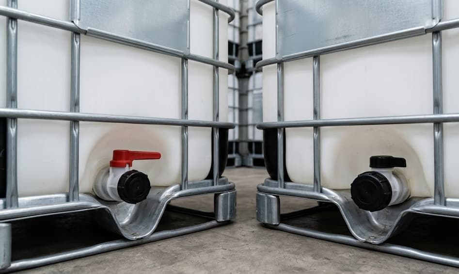 Close-up of IBC tote discharge valves showing different valve types